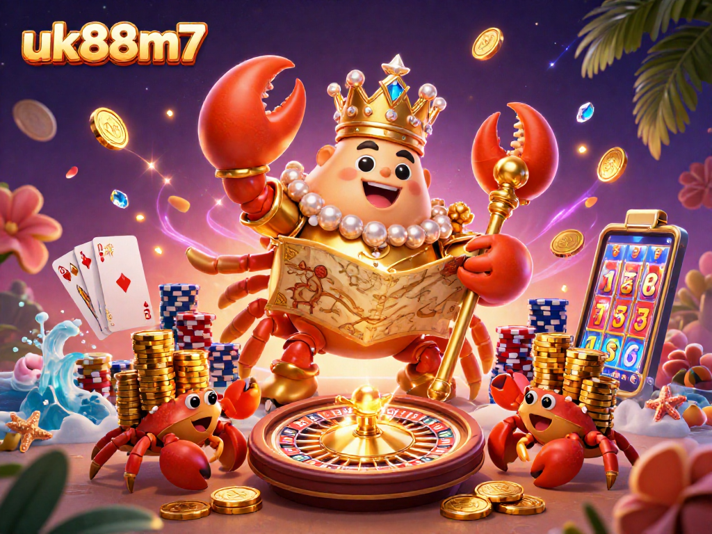 Engage in thrilling gameplay at uk88m7 featuring a golden crab emperor amidst dazzling casino elements.