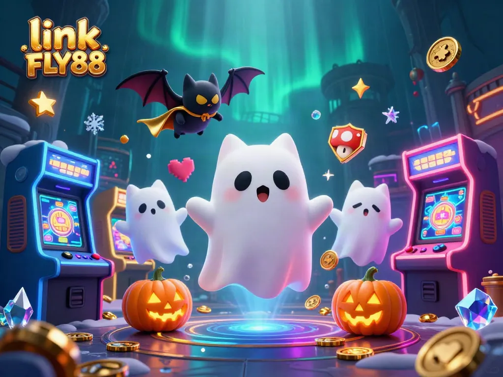 link FLY88 features a playful ghost cat and bat in a vibrant haunted casino scene.