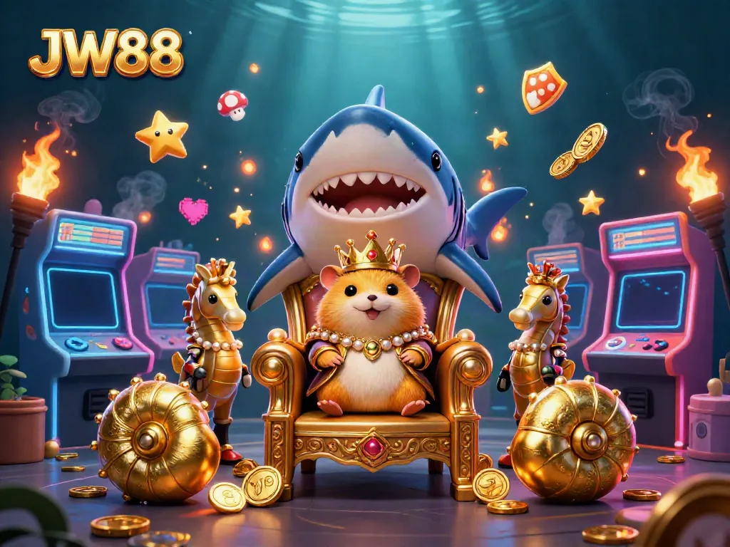 Experience the vibrant world of JW88 with an exhilarating 3D casino-themed illustration featuring a golden hamster king.