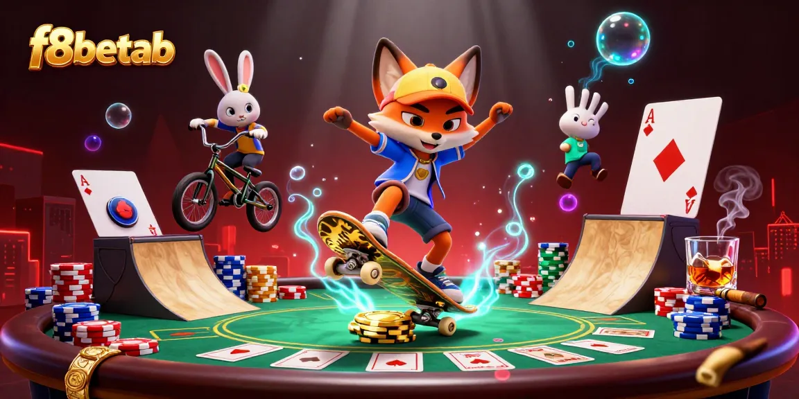 Experience the excitement of f8betab with a dynamic 3D illustration featuring a skateboarder fox and BMX rabbit in a casino setting.
