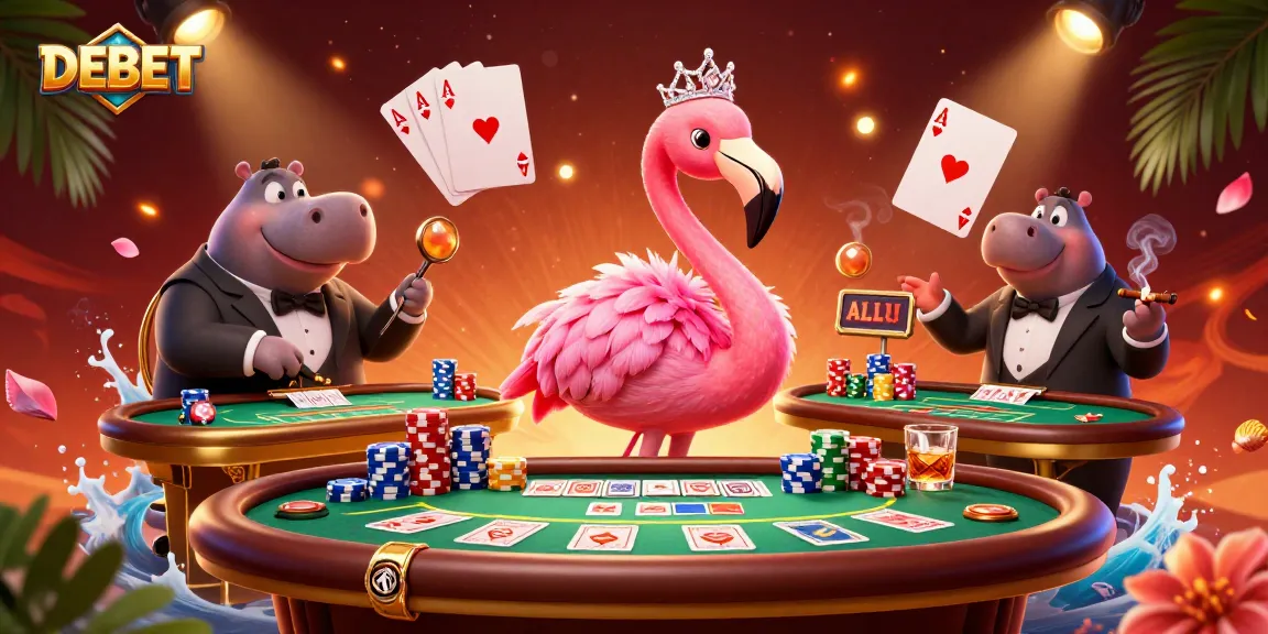 Experience the thrill of DEBET with vibrant casino characters in a lively poker scene!