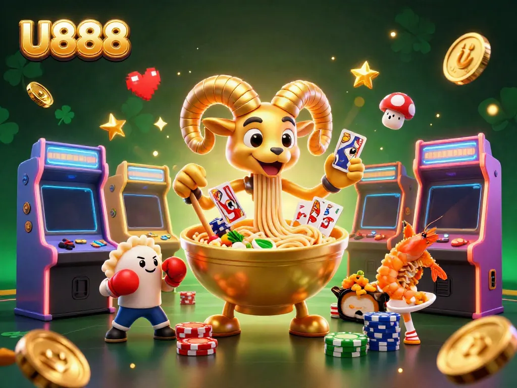 Engage with U888's vibrant casino experience through a colorful 3D scene filled with dynamic gaming elements.