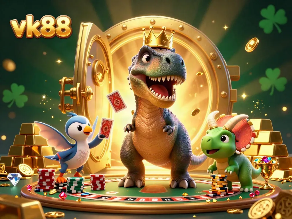 Engage in exciting betting at vk88 with friendly dino characters shuffling cards in a vibrant casino scene.