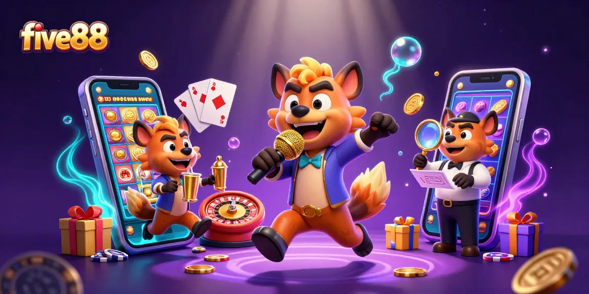five88's lively comedy casino club scene featuring hyenas engaging in entertainment and gaming.
