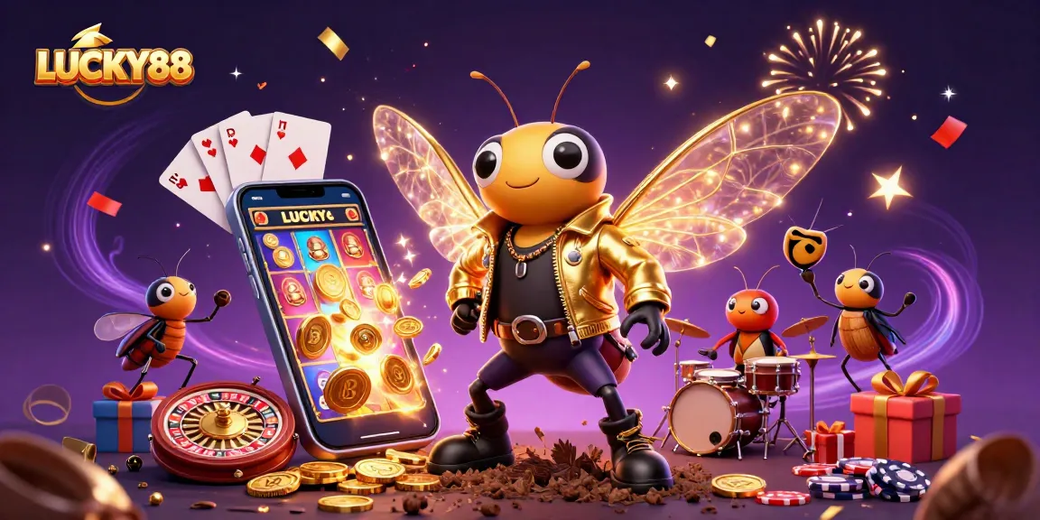 LUCKY88 showcases excitement with a vibrant casino scene featuring a rock star cicada and dynamic gaming elements.