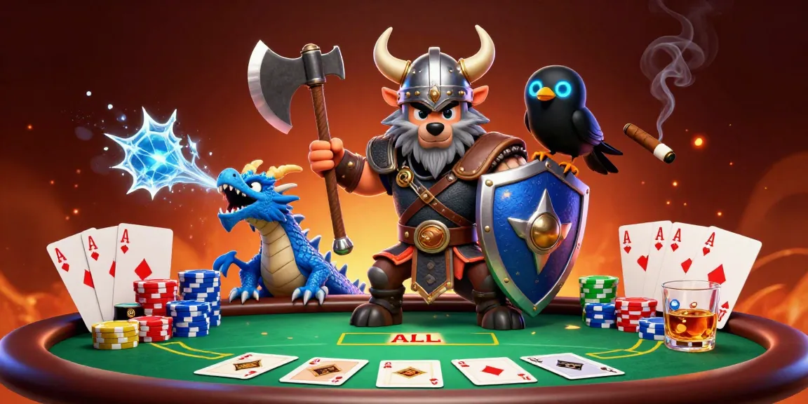 lu88 online players enjoy a dynamic poker scene with a Viking warrior, dragon, and poker elements.
