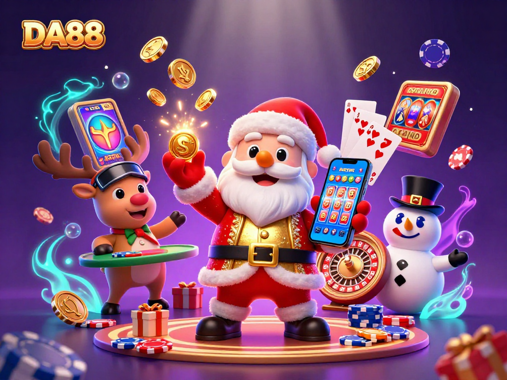 Experience DA88's thrill with Santa, his reindeer, and a snowman enjoying jackpot slots action!