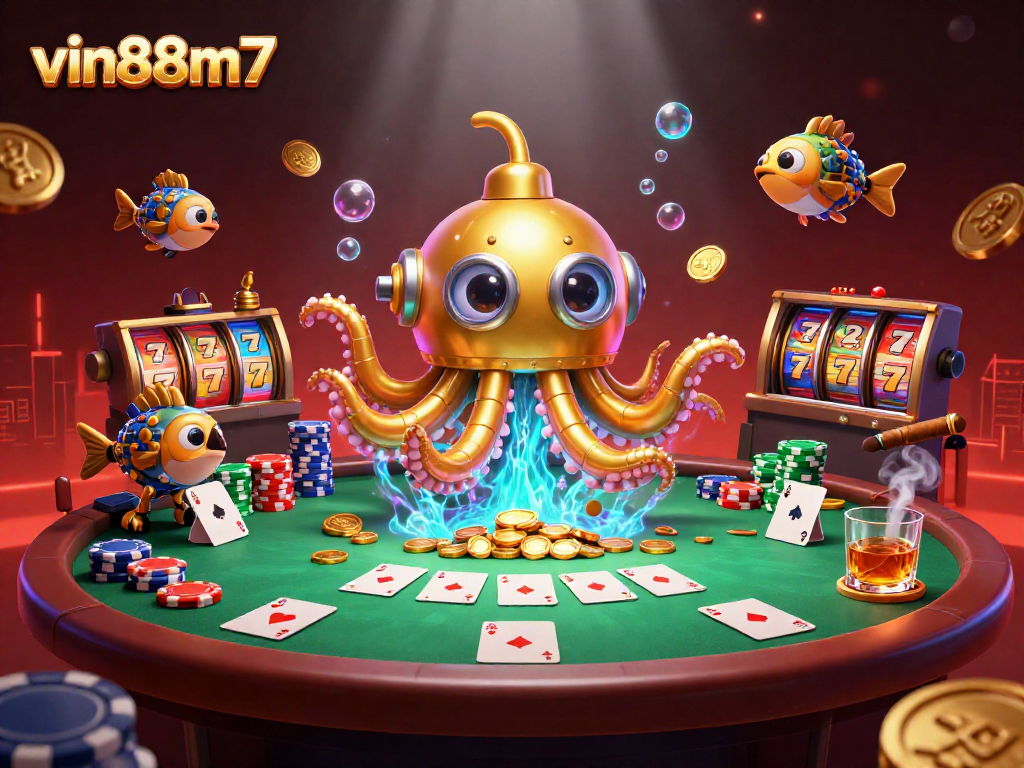 Experience winning strategies at vin88m7—an ultra-detailed casino illustration with poker and slot features.