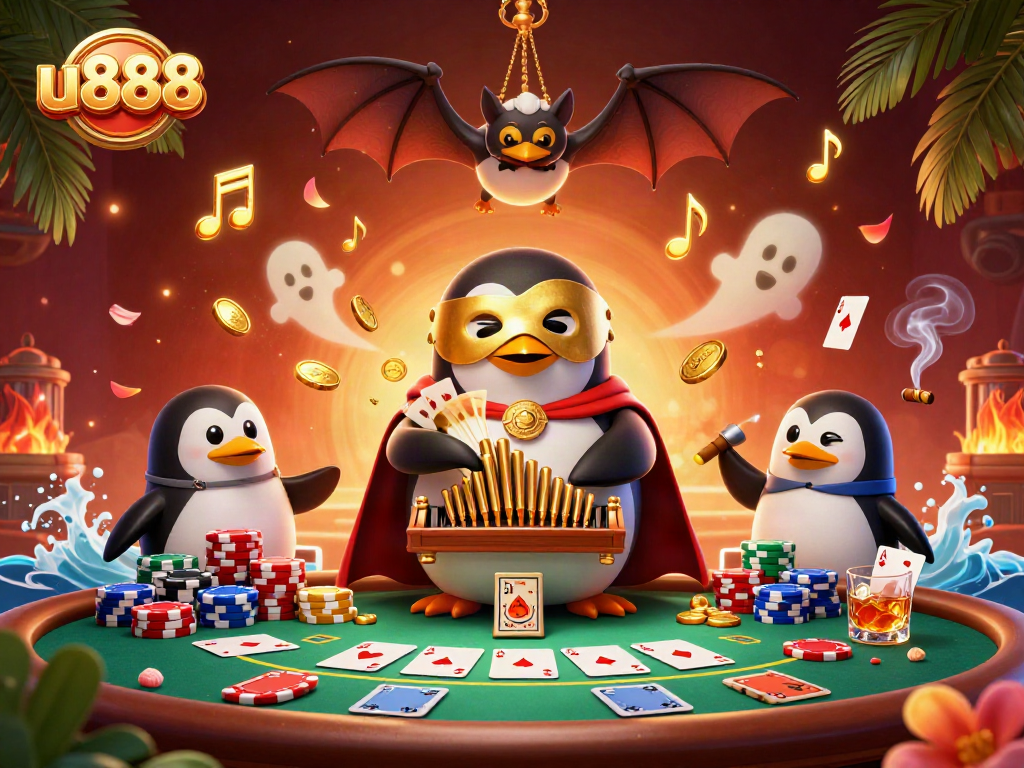 Experience the thrill of u888 with a vivid cartoon illustration of a penguin playing casino music.