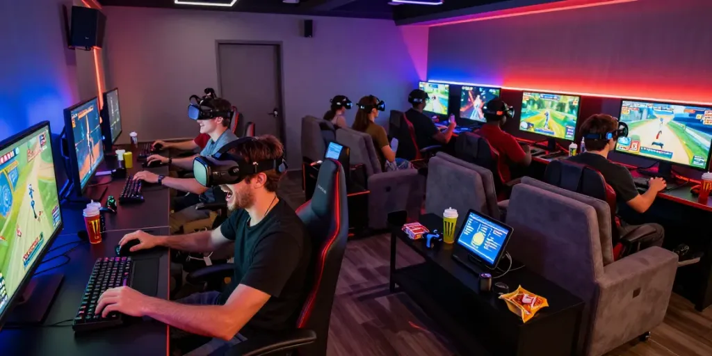 Exciting gaming environment at manclub with friends playing various games.