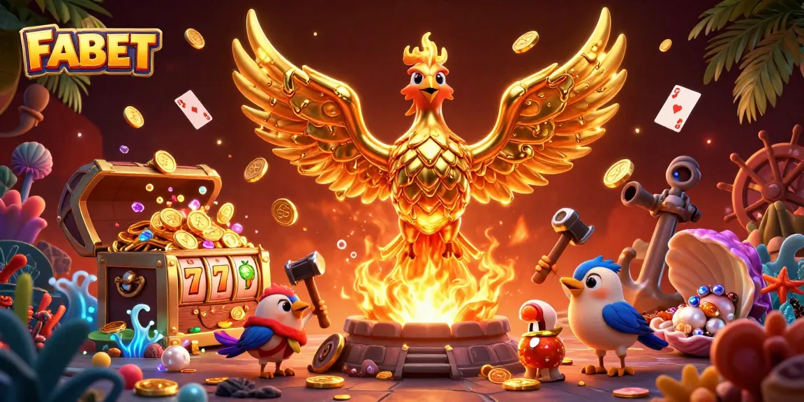 Engage with FABET's rich visual scene of a molten phoenix and vibrant casino elements.