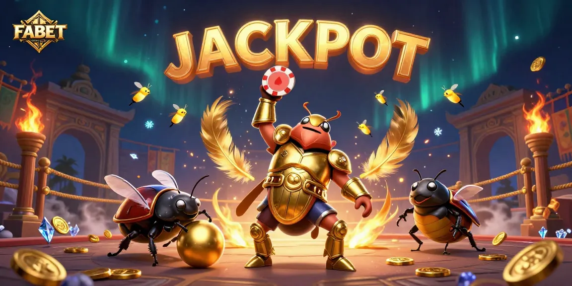 FABET champions win with a triumphant beetle lifting a poker chip in an exciting casino setting.