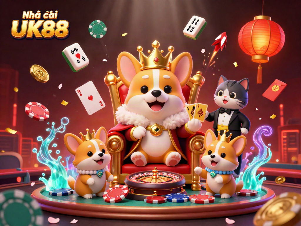 Engage with Nhà cái UK88's vibrant casino scene filled with poker chips and royal corgis.