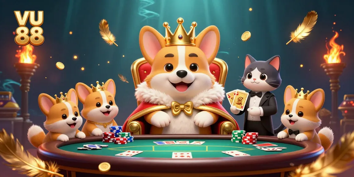 Exciting vu 88 experience with a royal corgi and poker scene illustration filled with vibrant action and color.