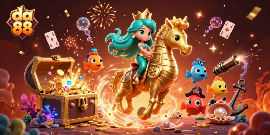 Experience winning thrills with da 88 as a mermaid princess rides a majestic seahorse in a vibrant underwater casino.