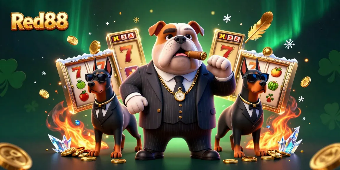 Experience the excitement of Red88 with a dynamic 3D illustration of a bulldog mafia boss and his bodyguards amidst slot game elements.