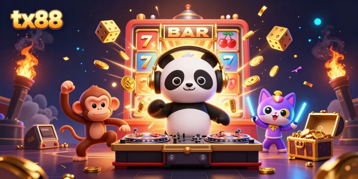 Join the joyful tx88 celebration with a DJ panda, breakdancing monkey, and glow-stick kitten amidst casino games.