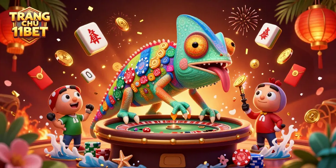 Experience excitement at TRANG CHỦ 11BET with a vibrant casino scene featuring a playful chameleon.