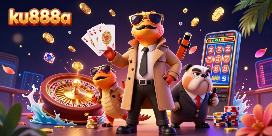 ku888a raptors in a trench coat entering a casino lounge, surrounded by coins and games