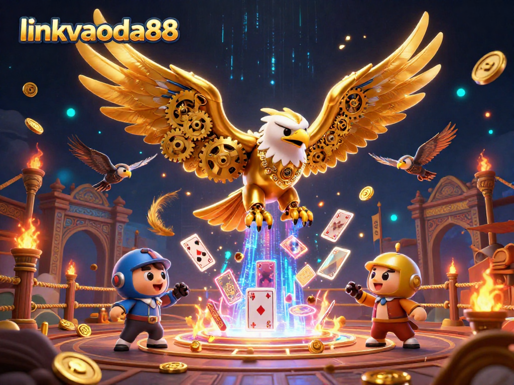 Engage with linkvaoda88's thrilling gaming experience featuring a vibrant cybernetic eagle amidst holographic cards.