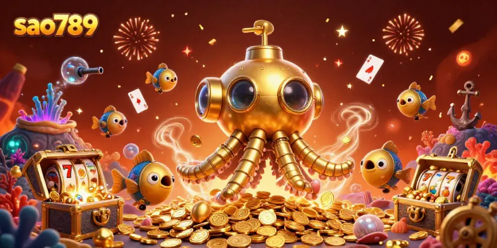 Join the thrilling action at sao789 with a golden kraken submarine amid a sea of coins and slot games.