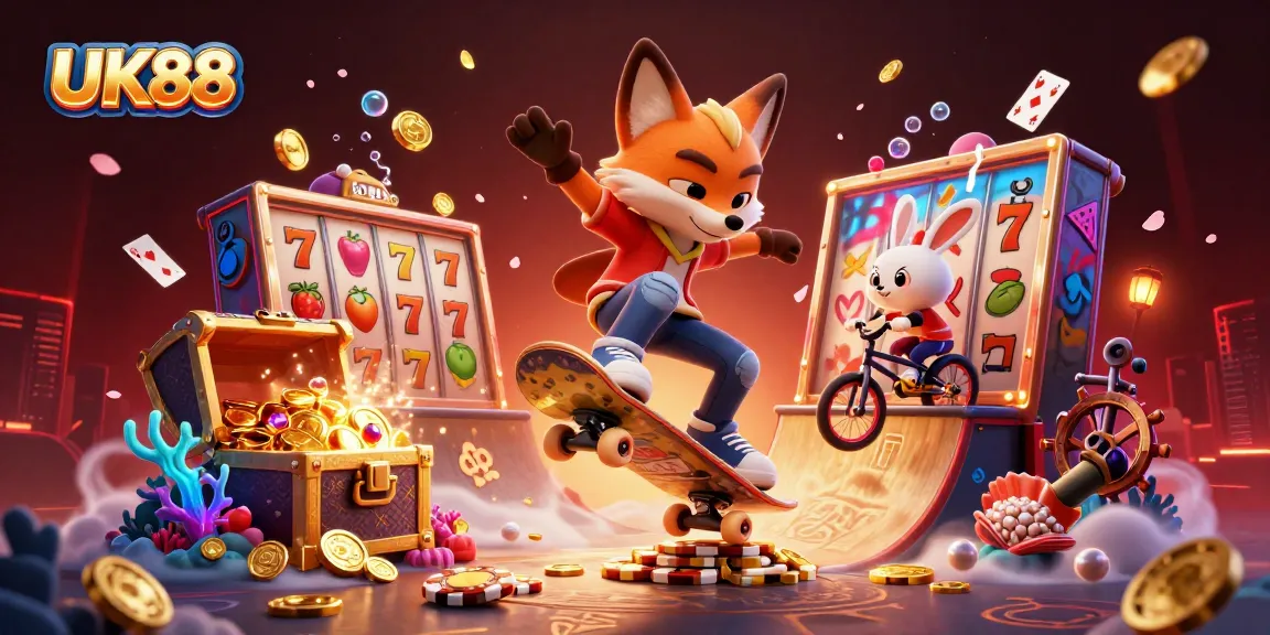 Experience UK88 action with a vibrant scene featuring a fox and rabbit in a dynamic casino atmosphere.