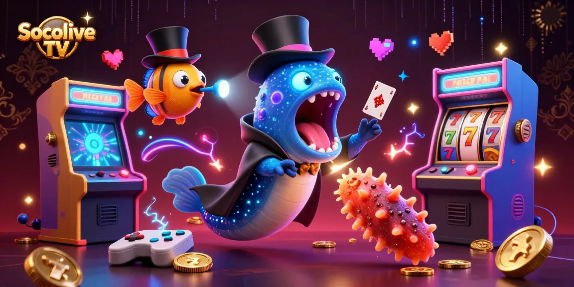 Socolive TV showcases a bioluminescent eel magician amidst colorful gambling elements, captivating players.