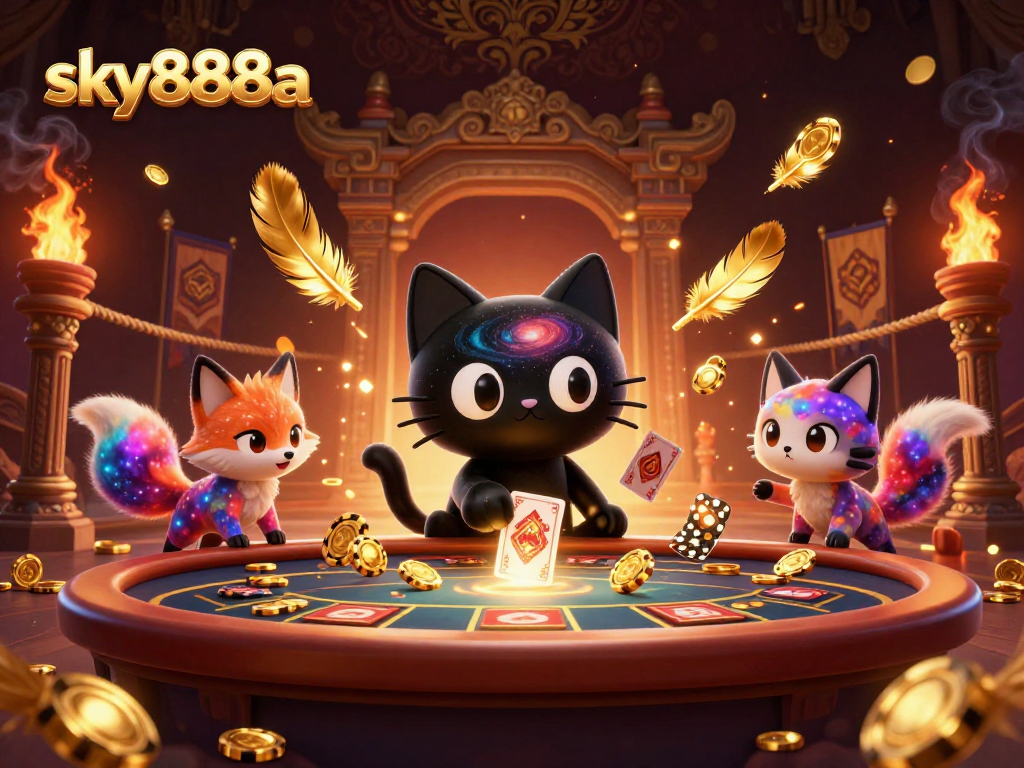 Experience thrilling gameplay at sky888a with a cartoon black hole cat and colorful fox in a cosmic casino.