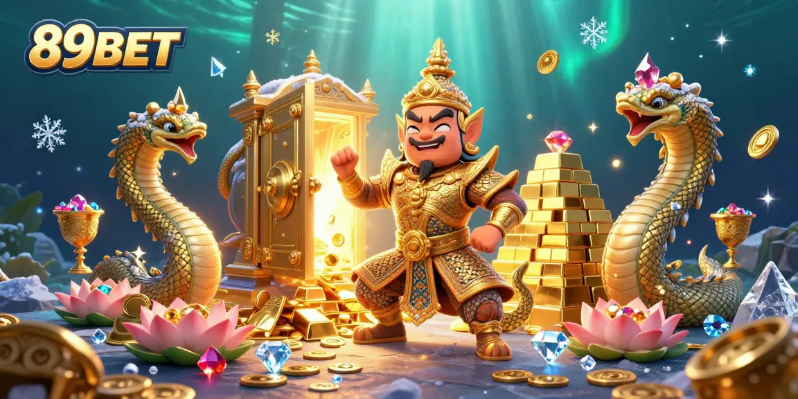 Experience the excitement of winning with 89BET in an ultra-detailed 3D casino scene filled with treasures.