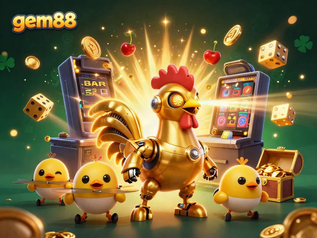 gem88 casino scene with a golden rooster robot and baby chick drones, bursting slot machine, vibrant colors