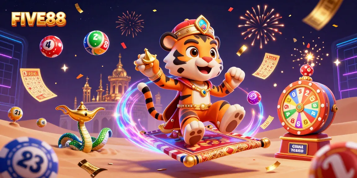Engage with FIVE88 as vibrant lottery themes and magic elements burst joyfully in a rich 3D illustration.