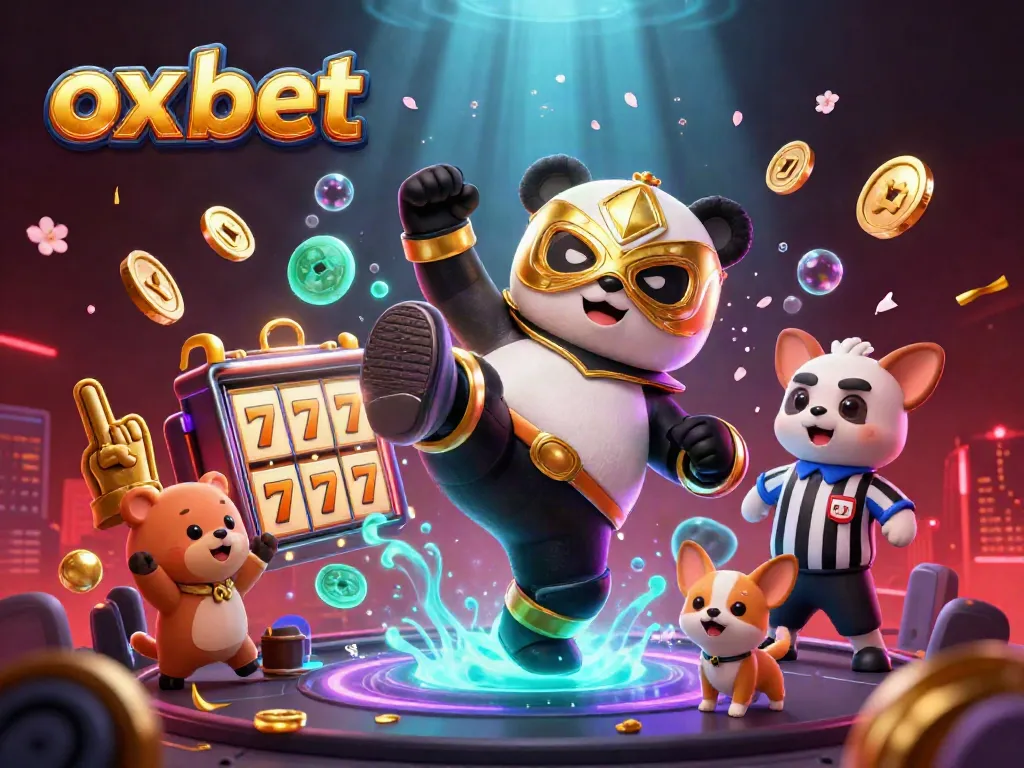 Players enjoy thrilling action at ox bet, featuring a lively panda wrestler and vibrant casino elements.