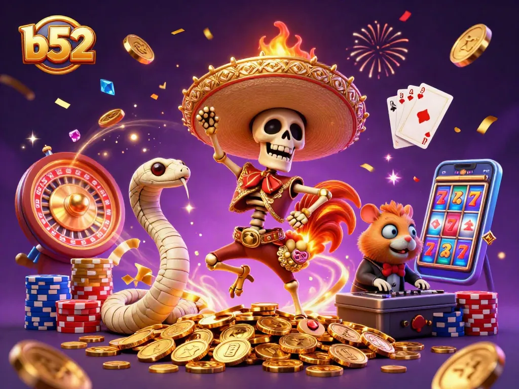 B52 casino fun with a dancing skeleton and treasures, showcasing vibrant win potential.