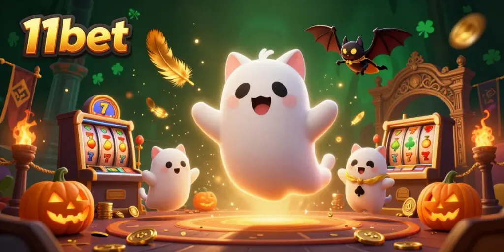 Engage with thrilling slot games and rewards at 11bet, featuring a ghost cat and bat in a casino.