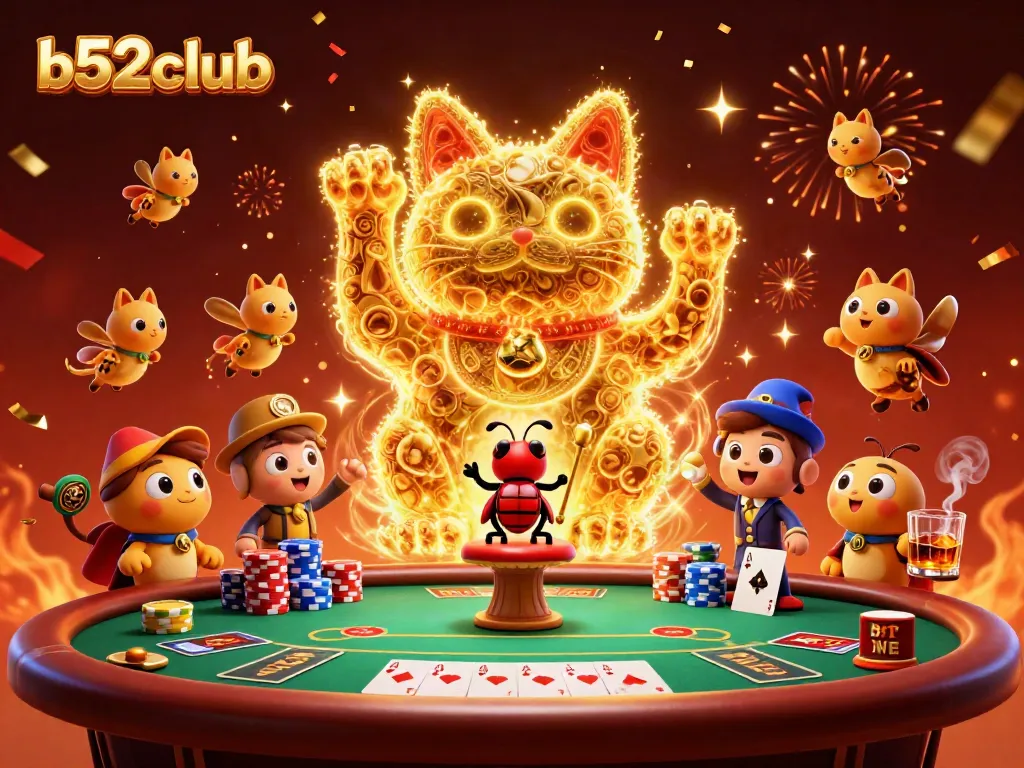 Experience the magic of b52club with a dynamic casino illustration featuring a lucky cat and vibrant poker elements.