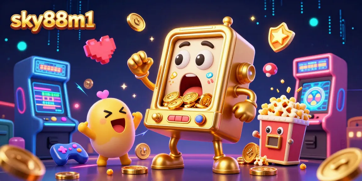Experience the excitement of sky88m1 with a golden slot machine hitting a jackpot, surrounded by cheering baby slots and arcade games.
