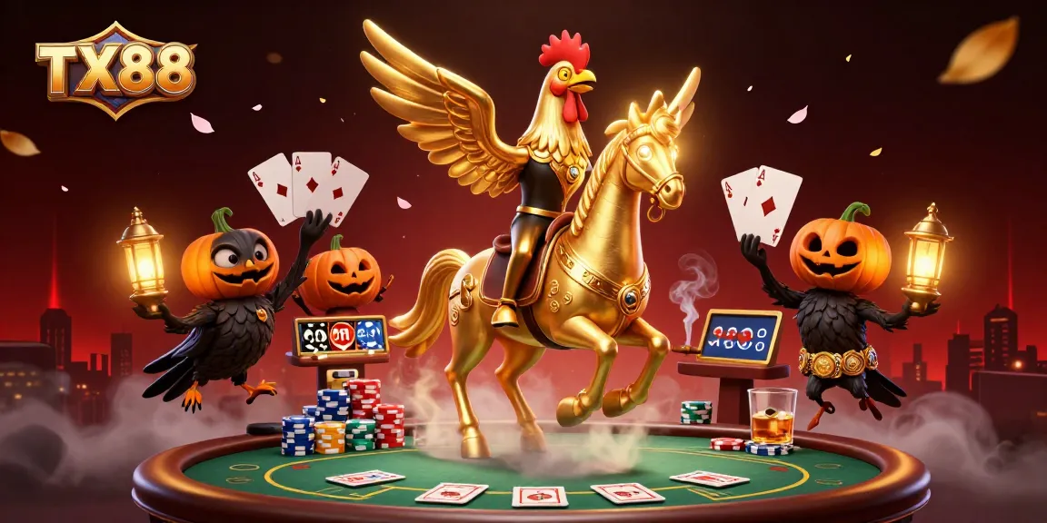Experience vibrant casino action at TX88 with golden rooster and pumpkin-headed crows in a high-stakes scene