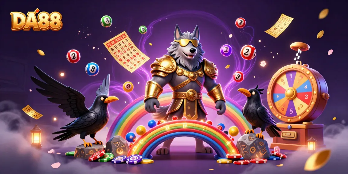 Experience the excitement of DA88 with dynamic lottery and casino game elements surrounding a captivating mythical scene.