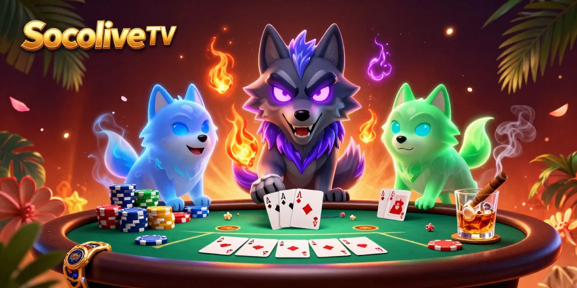 Socolive TV showcases thrilling poker action with a dynamic wolf pack in an electrifying casino scene.