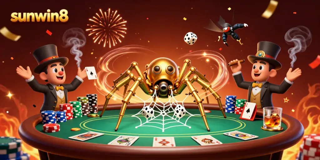 Engage in thrilling gameplay with sunwin8 at a vibrant steampunk casino table filled with colorful poker chips and cards.