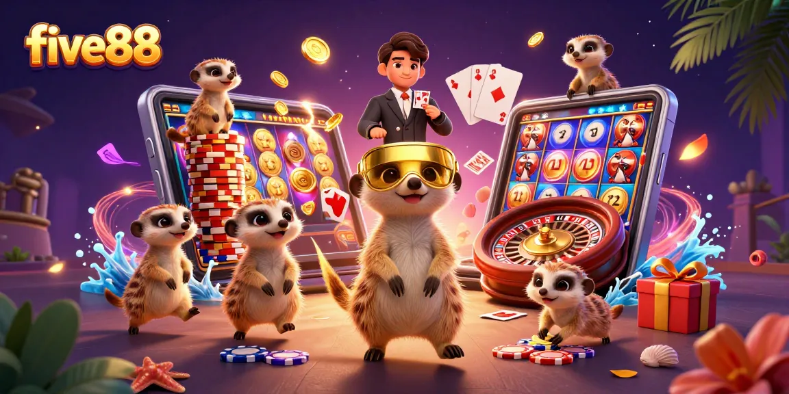 Experience exciting gameplay at five88 with a dynamic meerkat casino scene featuring slot machines and poker cards.