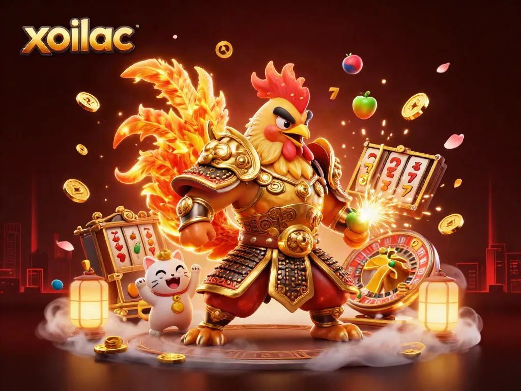 Xoilac features a powerful rooster warrior alongside a dragon aiming for thrilling casino victory.