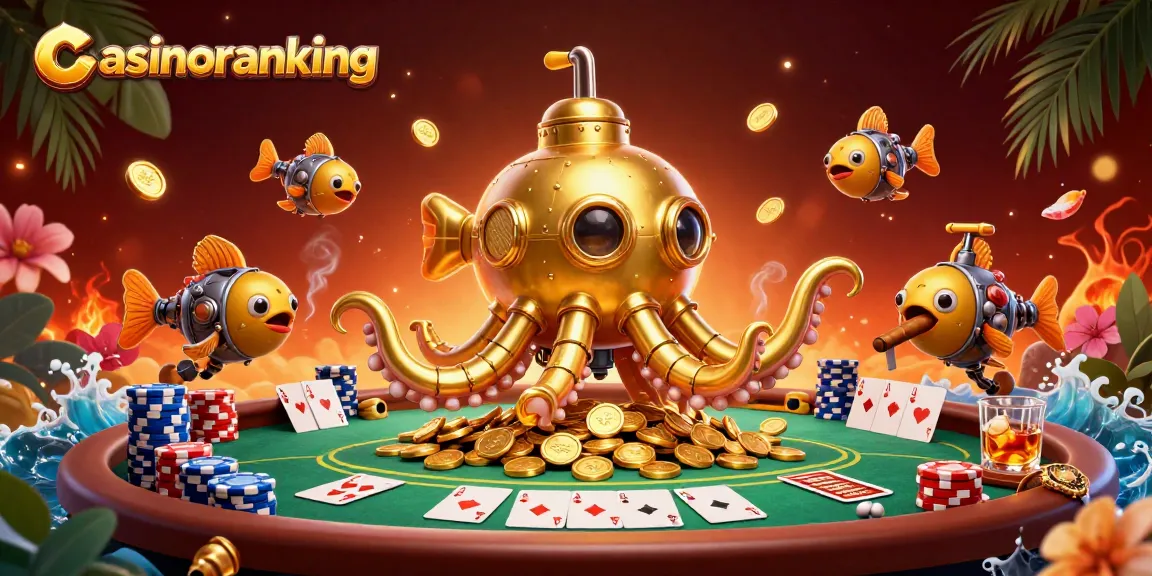 Engage in thrilling gameplay at casinoranking with a 3D golden kraken submarine navigating a sea of poker chips.