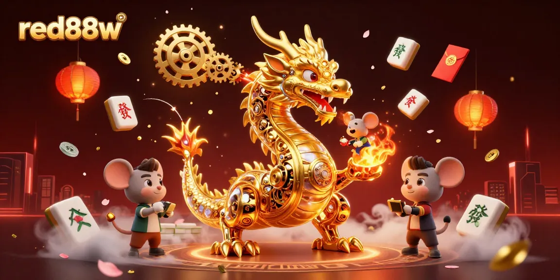 Experience thrilling gameplay at red88w with a vibrant 3D golden dragon illustration.