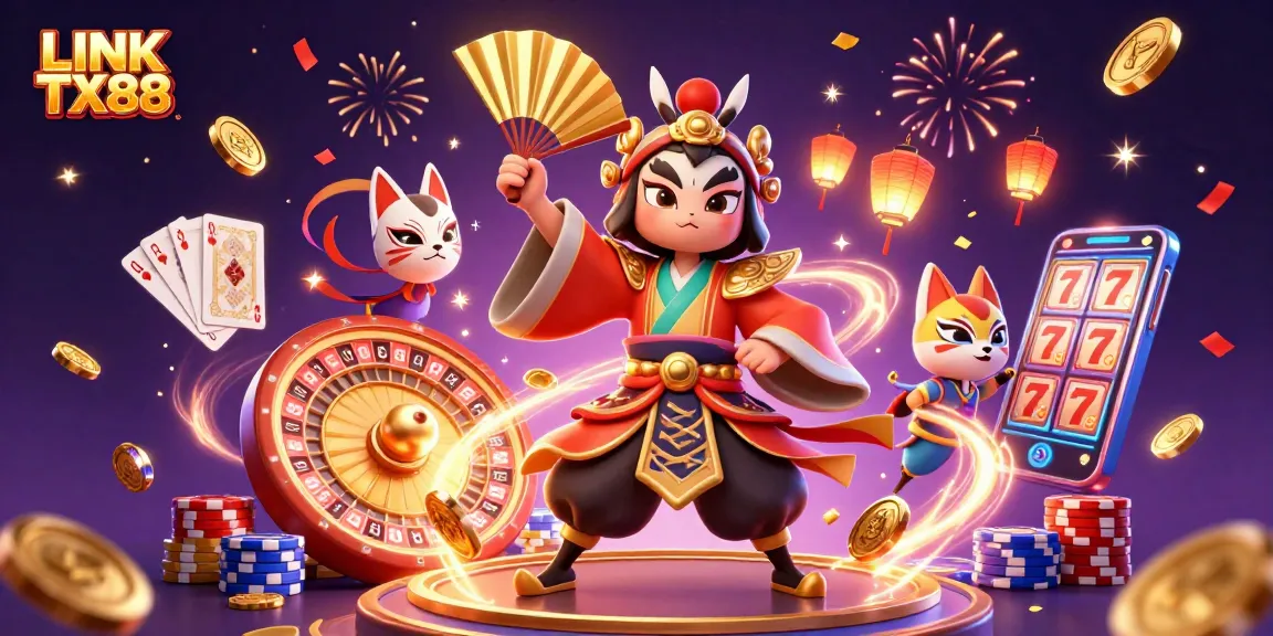 Experience winning moments with LINK TX88 through immersive casino fun, featuring vibrant 3D characters and casino elements.