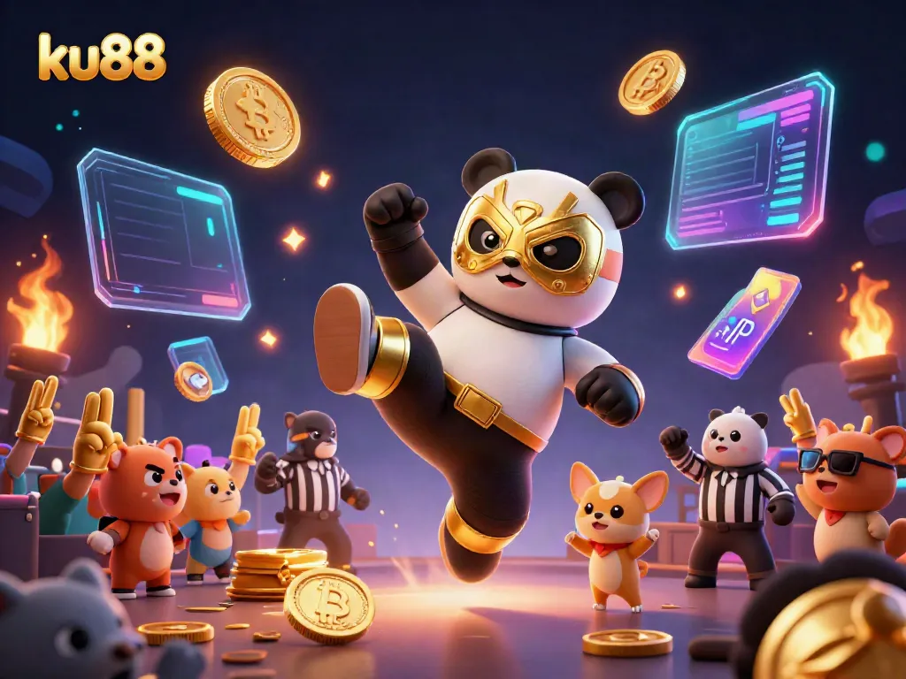 Experience exciting bets at ku88 with a vibrant scene featuring a panda in a golden mask and animal fans amidst crypto elements.