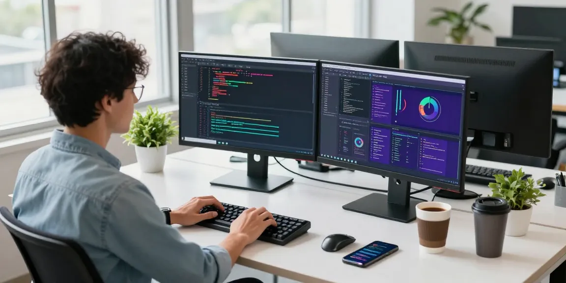 快连 developed within a busy tech workspace, showcasing coding screens, coffee, and dual monitors for a productive atmosphere.