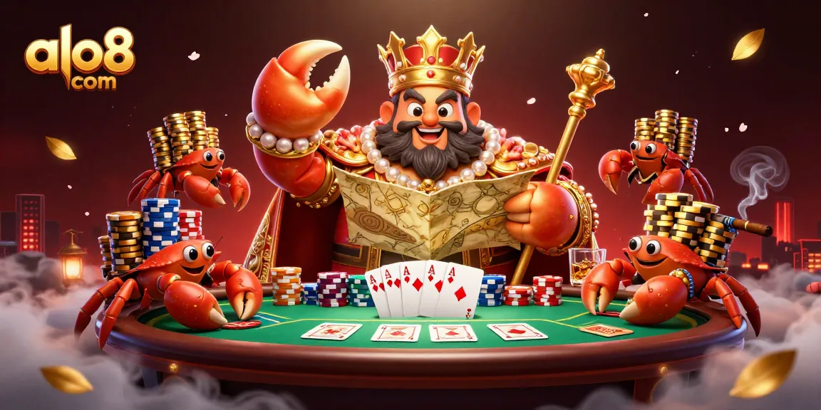 Join the exciting gameplay at alo8 com with a whimsical crab emperor leading a poker adventure.