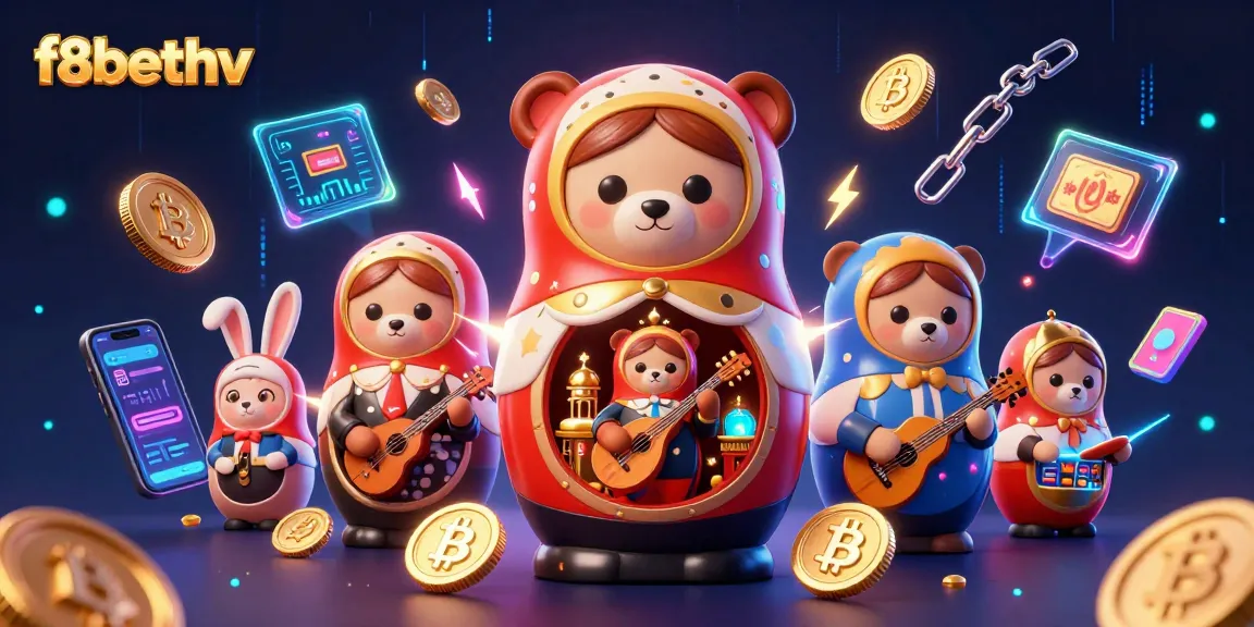 Play at f8bethv with vibrant cartoon characters and crypto elements in a dynamic casino setting.
