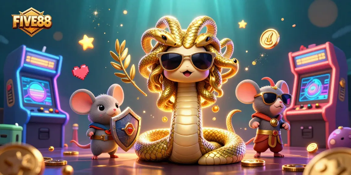 Experience thrilling action at FIVE88 with 3D cartoon gaming characters in a vibrant casino scene.